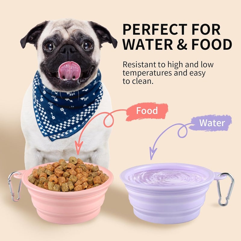 TECOPH Collapsible Dog Bowls 2-Pack, Portable Travel Dog Bowl with Carabiner, Food-Grade Silicone Pet Bowl for Hiking, Walking (Macaron Pink and Violet) - Image 3